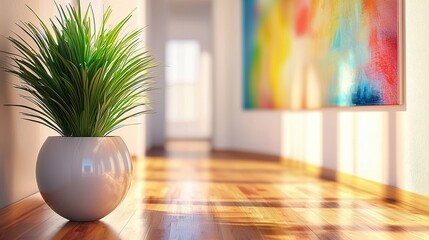 Aufkleber - Serene interior design with vibrant abstract art lush green potted plant light and spacious hallway