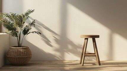 Aufkleber - Serene interior scene featuring a stool a potted plant against a cream wall enhanced by soft shadows calm and inviting space