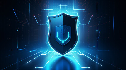 Leinwandbilder - A sleek blue-toned background featuring a glowing shield icon, perfect for high-tech presentations or banners.

