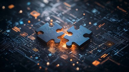 Poster - Glowing blue jigsaw puzzle pieces abstract teamwork concept