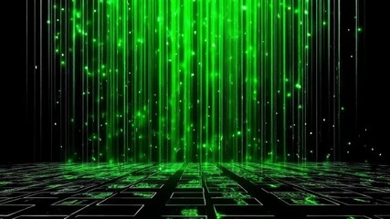 Wall Mural - futuristic digital matrix background with green data streams. glowing green lines and particles fall