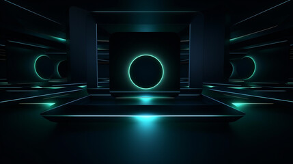 Leinwandbilder - Abstract dark minimalistic 3D wallpaper with lighting shapes in green and blue, perfect for high-tech presentations.

