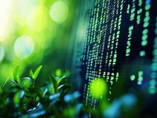 green leaves overlayed with digital code represent the intersection of nature and technology, symbol