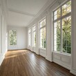 © CreativeEarth - Bright Spacious Room with Hardwood Flooring and Large Windows Overlooking Lush Greenery, Offering a Serene Interior Perspective.