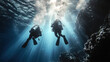© kora studio - Diving excursion with two divers exploring underwater scenery, surrounded by sunlight filtering through water, creating serene