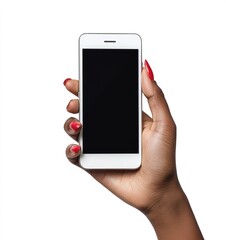 Black woman hand holding modern smart phone isolated on white background