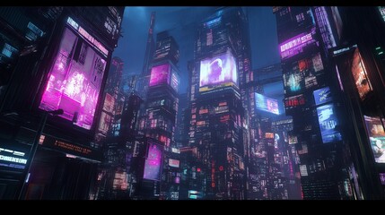 Poster - A high-tech cyberpunk city where glowing billboards form a maze