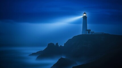 Poster - A lighthouse beaming across a dark, misty coastline at night