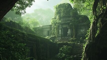 Poster - A lush rainforest with a hidden temple covered in vines