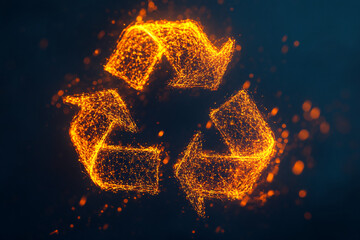 Wall Mural - glowing orange recycle symbol, formed from interconnected points of light against a dark blue backgr
