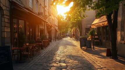 Poster - A sunlit European street filled with cobblestones and vintage cafes