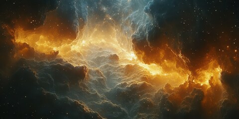 vibrant cosmic clouds illuminated by fiery orange and soft blue hues in the depths of space