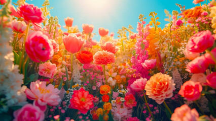 Poster - Colorful blooming flowers under a bright sun in a vibrant garden during spring season