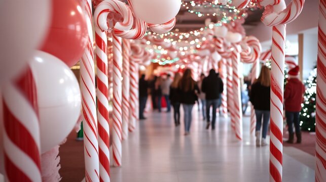 holiday tunnel with candy canes and balloons, people are walking through