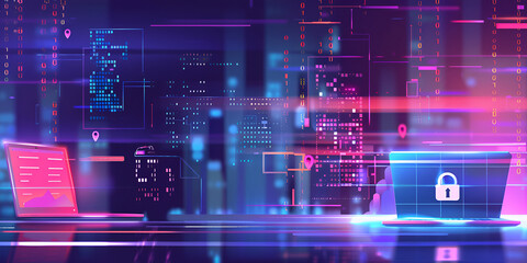 Cybersecurity concept with futuristic digital lock and data flow, secure online technology network with encrypted connections
