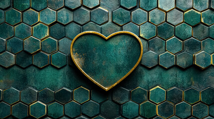 Wall Mural - heart is placed on a green background with gold accents. the heart is surrounded by hexagonal tiles,