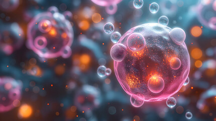 Wall Mural - pink blue glowing cells microscopic 3d render, science art for medical backgrounds