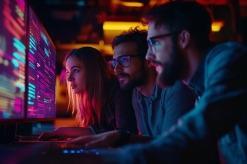 Mixed team of software engineers brainstorming ideas for new code library in front of computer screens compiling algorithms. Diverse app developers collaborating on group project in it agency