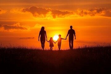 happy family: mother, father, children son and daughter on sunset