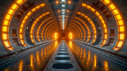 Wall Mural - Orange Neon Tunnel Sci-Fi Corridor, Modern Architecture for Futuristic Design