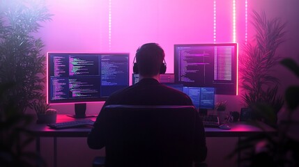 Person codes on multiple displays with vibrant purple and green lighting