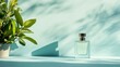 © ngamaz - Perfume bottle, plant, shadows on light blue background. Simple, elegant setup