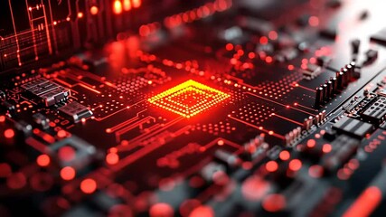 Close-up view of a glowing microchip on a circuit board, showcasing intricate electronic components, with a dark background filled with vibrant red lights, ideal for technology and innovation themes