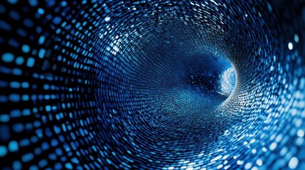 Abstract blue tunnel of digital data and light moving forward fast.