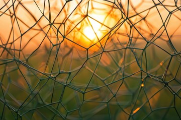 Sun peeks through an intricate web-like structure, creating a captivating and abstract composition with warm, golden light against a soft background.