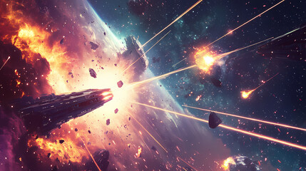 Wall Mural - a digital illustration of a space fleet taking down an enemy spaceship, with laser beams and explosi