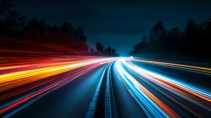Wall Mural - vibrant light trails on a dark road, illustrating speed and motion in urban settings. fleeting light