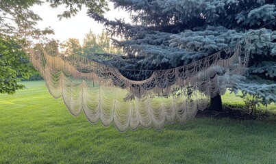 A dew-covered spider web glistens in the morning light.