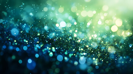 Wall Mural - surreal cascade of sparkling emerald green and sapphire blue particles scattering into an ethereal m