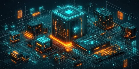 Wall Mural - futuristic digital city showcasing glowing buildings interconnected with luminous circuitry at night
