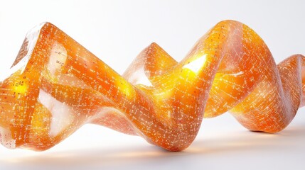 An abstract three dimensional flowing glowing orange and white shape