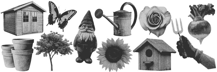 Wall Mural - Set of gardening and nature halftone grunge vector design elements