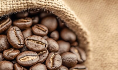 Aromatic roasted coffee beans overflow from a rustic burlap sack, showcasing rich texture and color.
