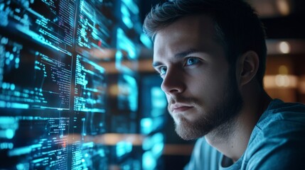 Focused Man Stares at Bright Blue Computer Code on Multiple Screens in a Dark Room