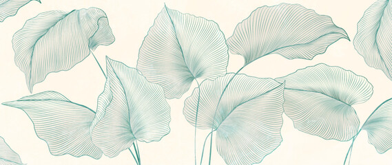 Wall Mural - botanical art background with tropical leaves in blue line art style. vector plant banner with exoti