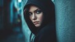 © IMAGINIAC - Intense Gaze of a Young Woman in Dark Hoodie Leaning Against Textured Wall