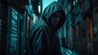© IMAGINIAC - Man in Hooded Jacket Standing in Dark Blue Lit Alleyway At Night