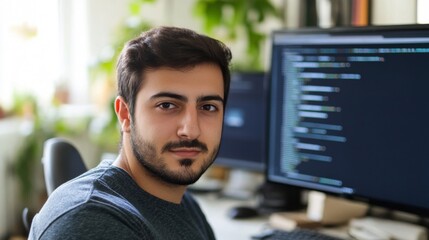 Man Sitting at Desk with Computer Screen Displaying Code Indoors in Bright Room