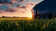 © Maksym - Scenic countryside farm backdrop with a perfectly detailed truck parked by a field, its side panel ready for creative branding or messaging