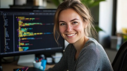Smiling Young Woman Programming Code on Computer in Office Environment
