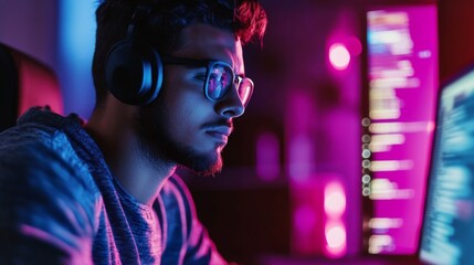 Young Man Coding in Dark Room with Neon Lighting and Headphones Wearing Hoodie