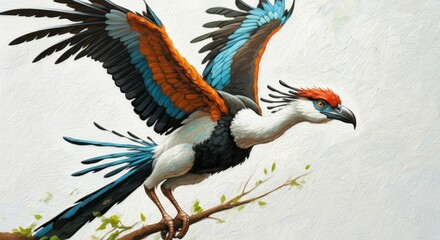 Oralan the screamer leaps from a tree branch, spreading his large wings and preparing for flight