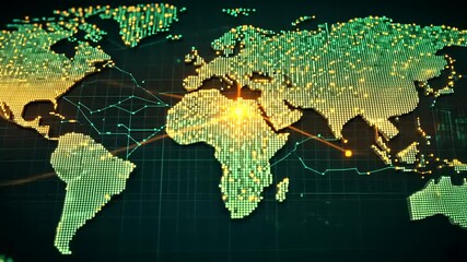 digital representation of a glowing world map with data points and connections in a high-tech backgr