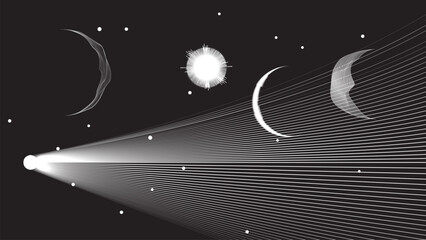 Wall Mural - Star and moon and comet in outer space. Futuristic landscape, with lines texture . Space landscape with moon and sun . Deep space vector illustration. Vector line art. Star explosion .
