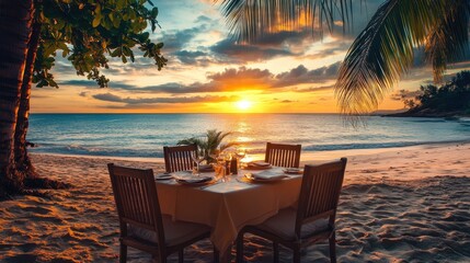 Wall Mural - Romantic dinner setup on the beach with sunset, palm trees, ocean view. Use for travel, vacation, wedding or honeymoon promotion, luxury lifestyle.