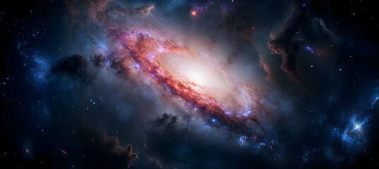 Wall Mural - Pink nebula showcasing vibrant blue and orange hues in the depths of space with a bright star at the center